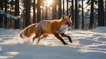 A fox running through a snowy forest at sunset, showcasing wildlife in a serene environment. photo