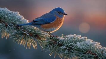 A vibrant bluebird perched on a frosted pine branch during sunrise. photo