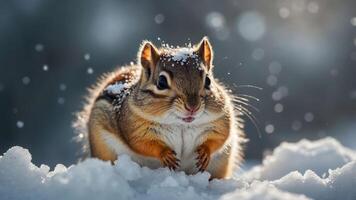 A chipmunk sits in the snow, surrounded by falling snowflakes, creating a serene winter scene. photo