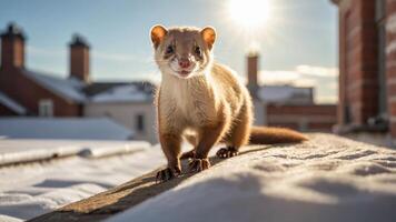 A close-up of a weasel-like animal on a snowy surface with sunlight in the background. photo