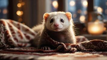A cute ferret resting on a patterned blanket with soft lighting in the background. photo
