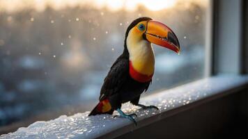 A toucan perched on a snowy windowsill with a blurred background of a winter landscape. photo