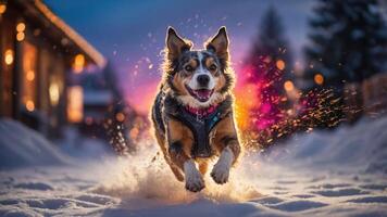 A joyful dog running through the snow with a colorful background at sunset. photo