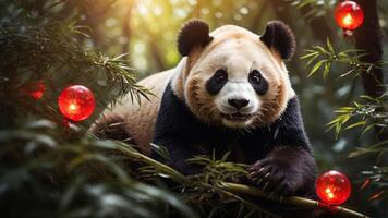A panda resting on bamboo surrounded by red ornaments in a lush green setting. photo