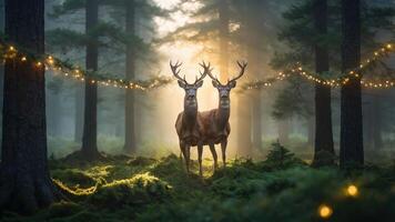 Two deer stand in a misty forest adorned with glowing lights, creating a magical atmosphere. photo