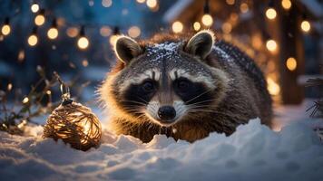 A raccoon in the snow surrounded by warm lights, creating a cozy winter atmosphere. photo