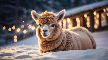 A fluffy alpaca resting in the snow with warm lights in the background. photo