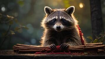 A raccoon holding cinnamon sticks, surrounded by a soft, natural background. photo