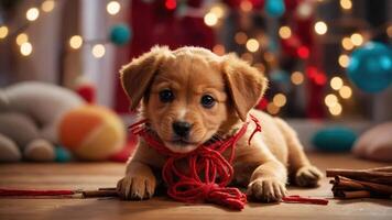 A playful puppy with red string, surrounded by colorful decorations and soft textures. photo