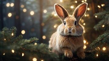 A cute rabbit surrounded by soft lights and pine branches in a serene forest setting. photo