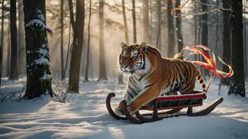 A tiger playfully pulling a sled through a snowy forest, illuminated by soft sunlight. photo