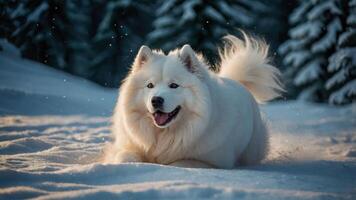 A joyful Samoyed dog running through a snowy landscape with trees in the background. photo