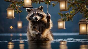 A raccoon wades in water under lanterns, creating a serene and enchanting atmosphere. photo