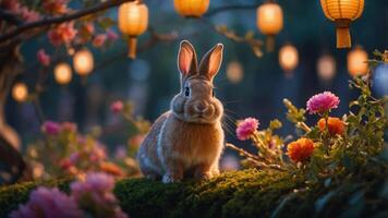 A serene rabbit surrounded by flowers and lanterns in a magical garden setting. photo