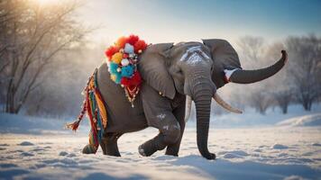 An elephant adorned with colorful decorations runs through a snowy landscape. photo