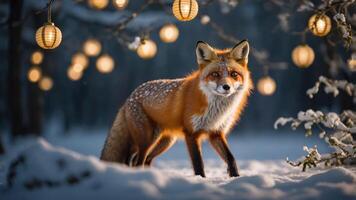A fox stands in a snowy landscape adorned with glowing lanterns. photo