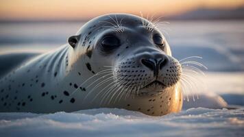 A close-up of a seal resting on ice, showcasing its features against a serene background. photo