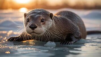 A playful otter on ice, basking in the warm glow of a sunset. photo