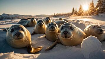 A group of seals lounging on snow, basking in sunlight with a serene winter backdrop. photo