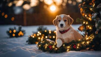A puppy nestled in festive decorations on snow, with a sunset in the background. photo