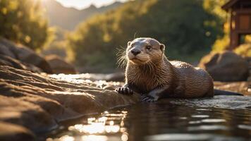 A playful otter rests on a rock by the water, surrounded by a serene natural landscape. photo