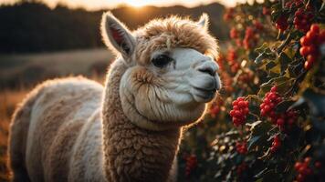 A close-up of an alpaca near red berries during sunset in a natural setting. photo