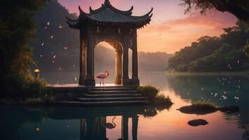 A serene pavilion by a tranquil lake, featuring a flamingo amidst a picturesque sunset. photo