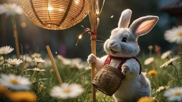 A cheerful rabbit holds a lantern and basket in a flower-filled meadow at dusk. photo