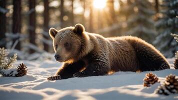 A brown bear in a snowy forest, illuminated by soft sunlight, surrounded by pine cones. photo