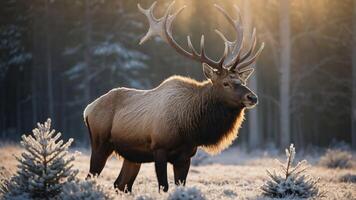A majestic elk stands in a frosty landscape, illuminated by soft sunlight. photo