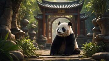 A panda sits peacefully in a serene garden with traditional architecture in the background. photo