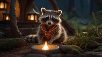 A raccoon in a forest setting, gazing at a small flame in a dish. photo