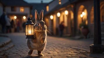 A whimsical rabbit carrying a lantern strolls through a quaint, dimly lit village at dusk. photo