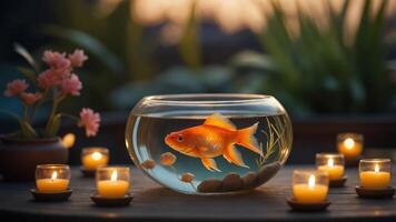 A serene goldfish bowl surrounded by candles and flowers, creating a calming atmosphere. photo