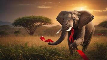 An elephant playfully carrying red ribbons in a sunset landscape. photo