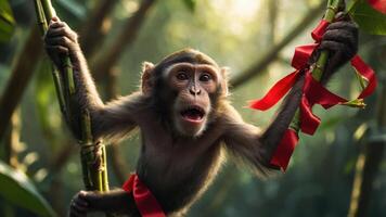 A playful monkey hangs on branches adorned with red ribbons in a lush forest environment. photo