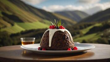 A festive dessert topped with cream and berries, set against a scenic mountain backdrop. photo