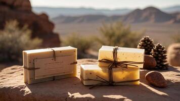 Natural soap bars arranged on a rock with a scenic landscape in the background. photo