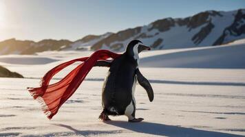 A penguin wearing a red scarf walks across a snowy landscape with mountains in the background. photo