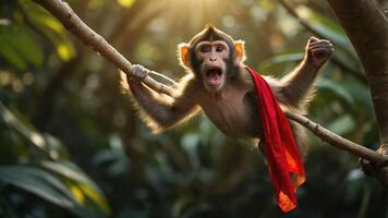 A playful monkey swings from a branch, wearing a red cloth, in a vibrant jungle setting. photo