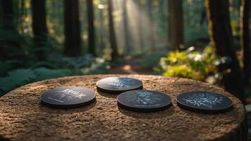 Coasters displayed on a wooden stump in a sunlit forest, emphasizing nature and design. photo