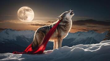 A wolf howls under a full moon, draped in a flowing red fabric amidst snowy mountains. photo