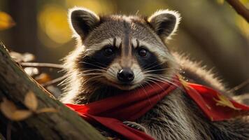 A raccoon wearing a red scarf perched on a branch in a forest setting. photo