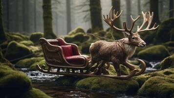 A reindeer pulls a vintage sleigh through a misty forest, creating a whimsical holiday scene. photo