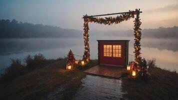 A festive archway with a red door and lanterns by a misty lake at dawn. photo