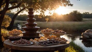 A scenic outdoor setup featuring a chocolate fountain and assorted treats at sunset. photo