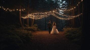 A couple walks hand-in-hand through a forest adorned with string lights, creating a romantic ambiance. photo