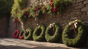 A festive display of Christmas wreaths and decorations on a stone wall. photo