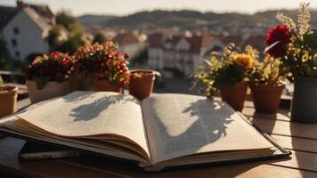 An open book rests on a table surrounded by potted flowers and a scenic view. photo