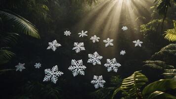 A serene forest scene illuminated by sunlight with snowflake-like patterns among lush greenery. photo